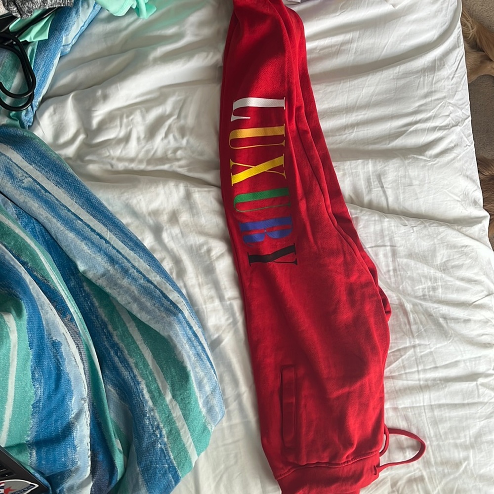 Loose fitting red sweats